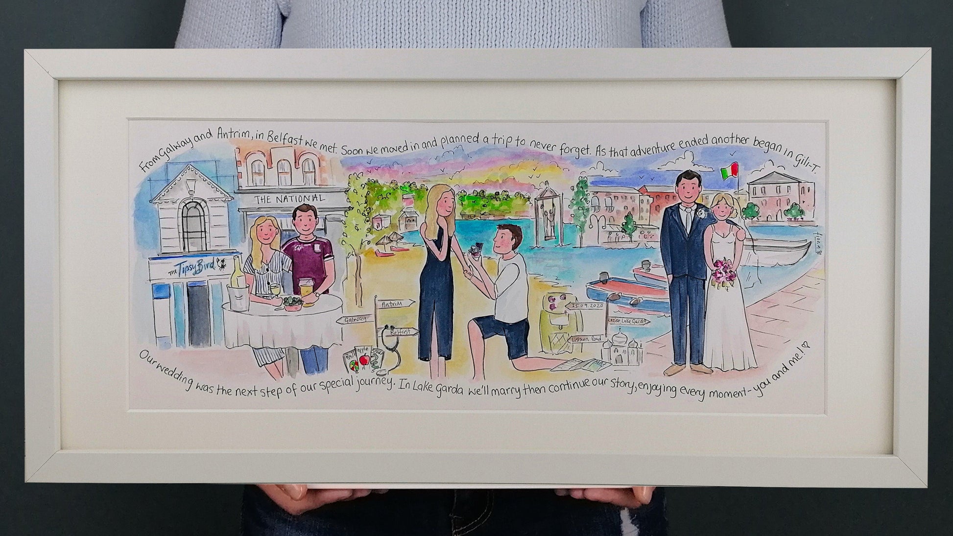 A framed illustration depicting various scenes of a love story, including meeting, proposal, and wedding moments.