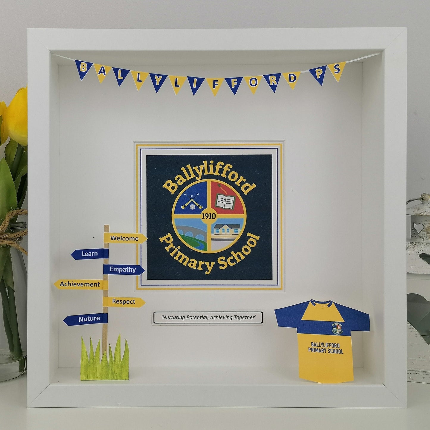 white box frame with printed School Crest logo with team jersey decal and signpost with words - framed print