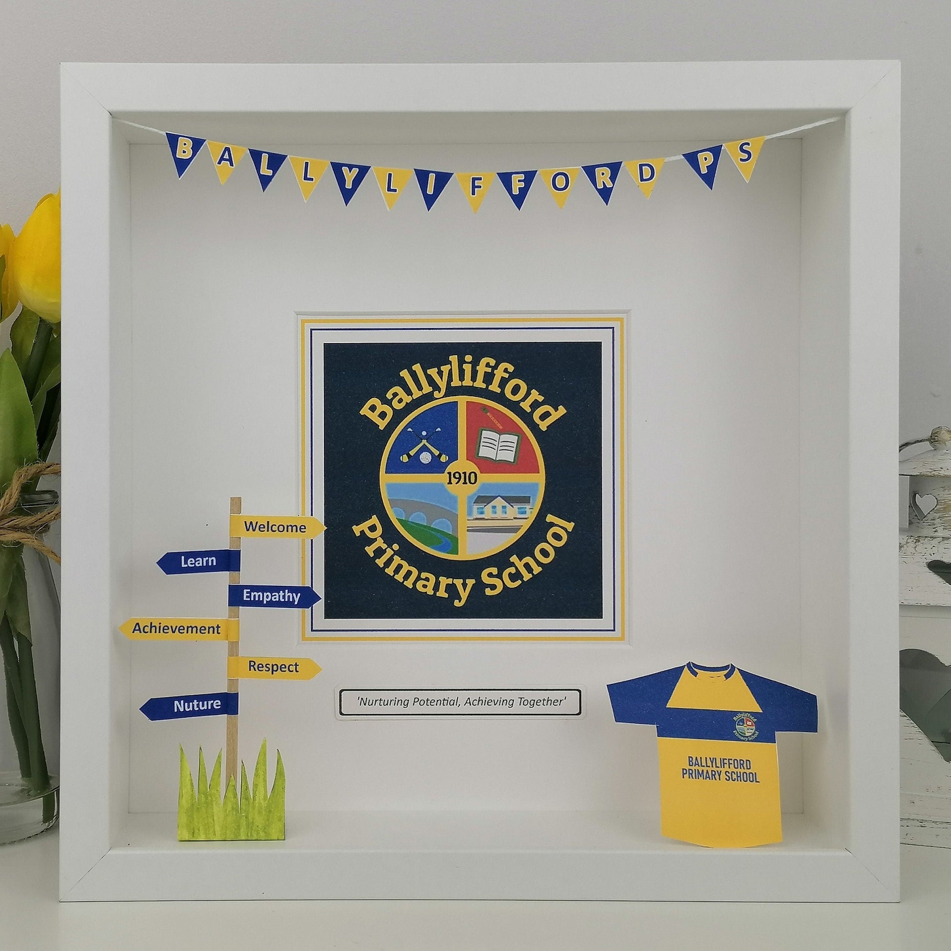 white box frame with printed School Crest logo with team jersey decal and signpost with words - framed print