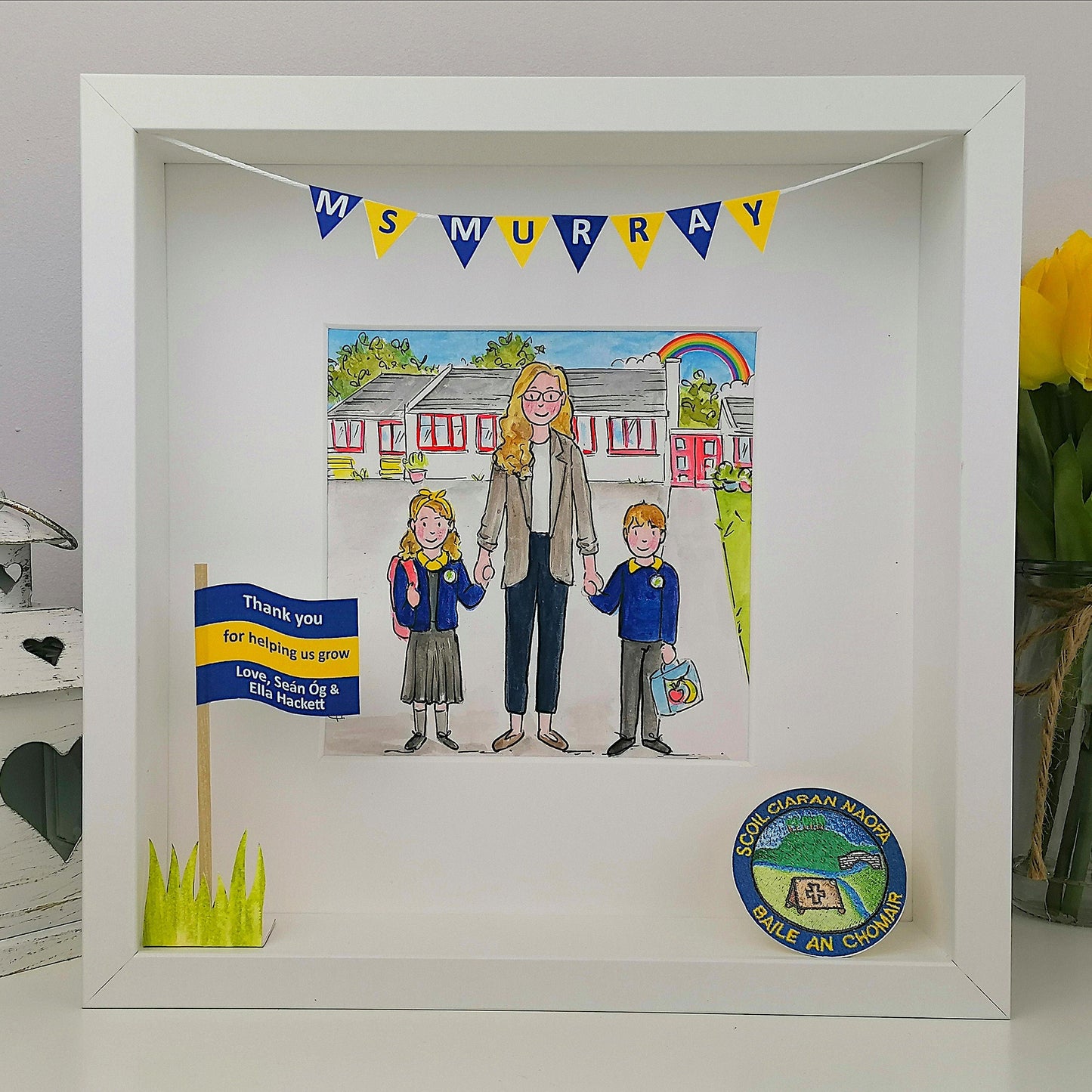 teacher and pupils with school colourfull illustration in a box frame