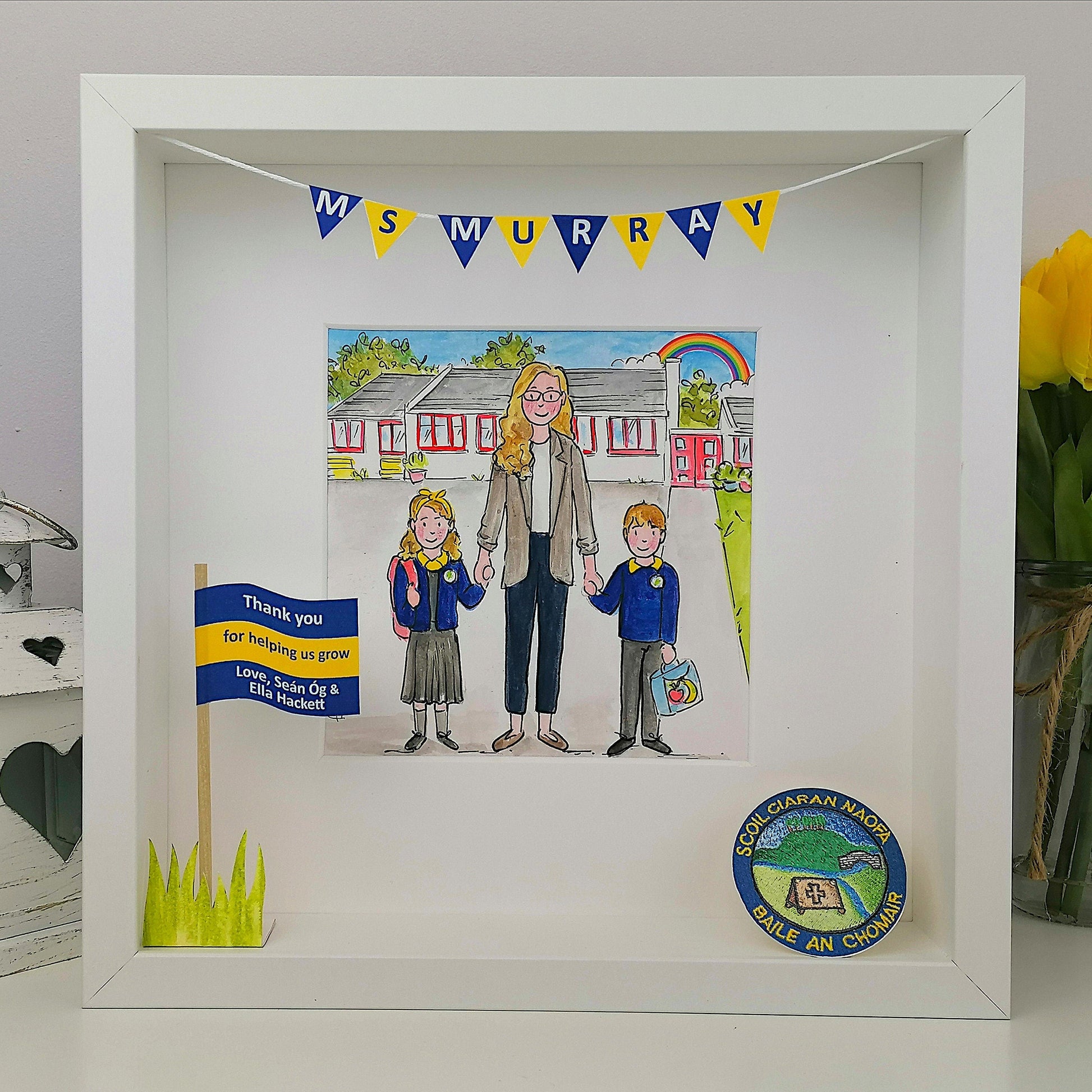 teacher and pupils with school colourfull illustration in a box frame