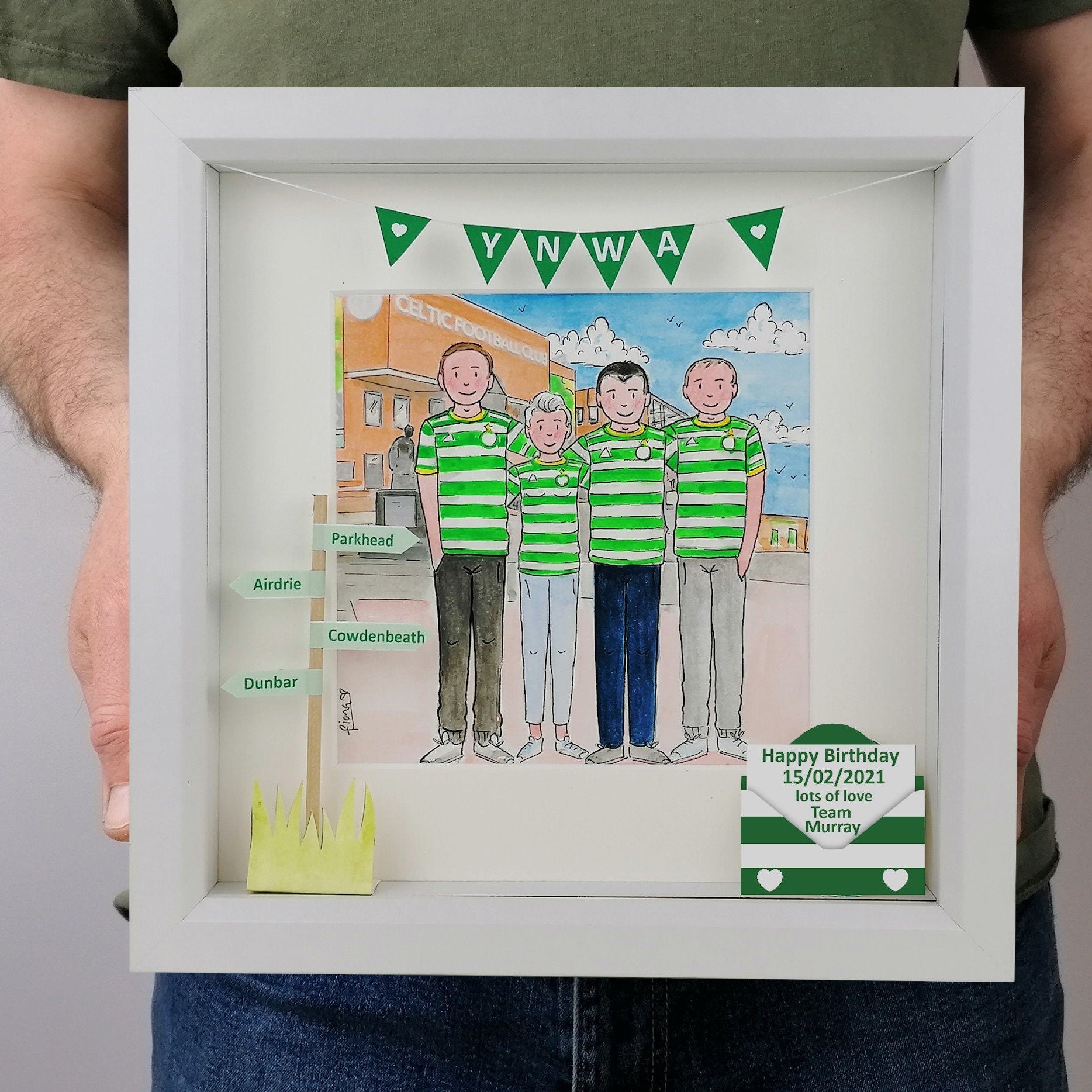 celtic YNWA Illustration Happy 50th birthday at celtic park in a box frame with paper features