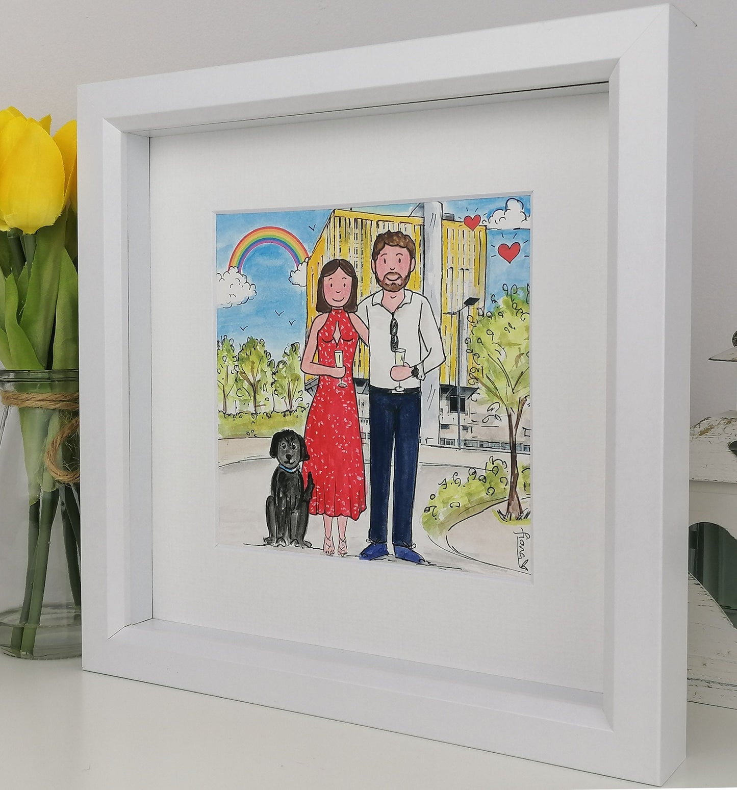 Friends Engagement Gift - Custom Illustration for a Couple - Personalised Cartoon with 3D features - Quirky Watercolour