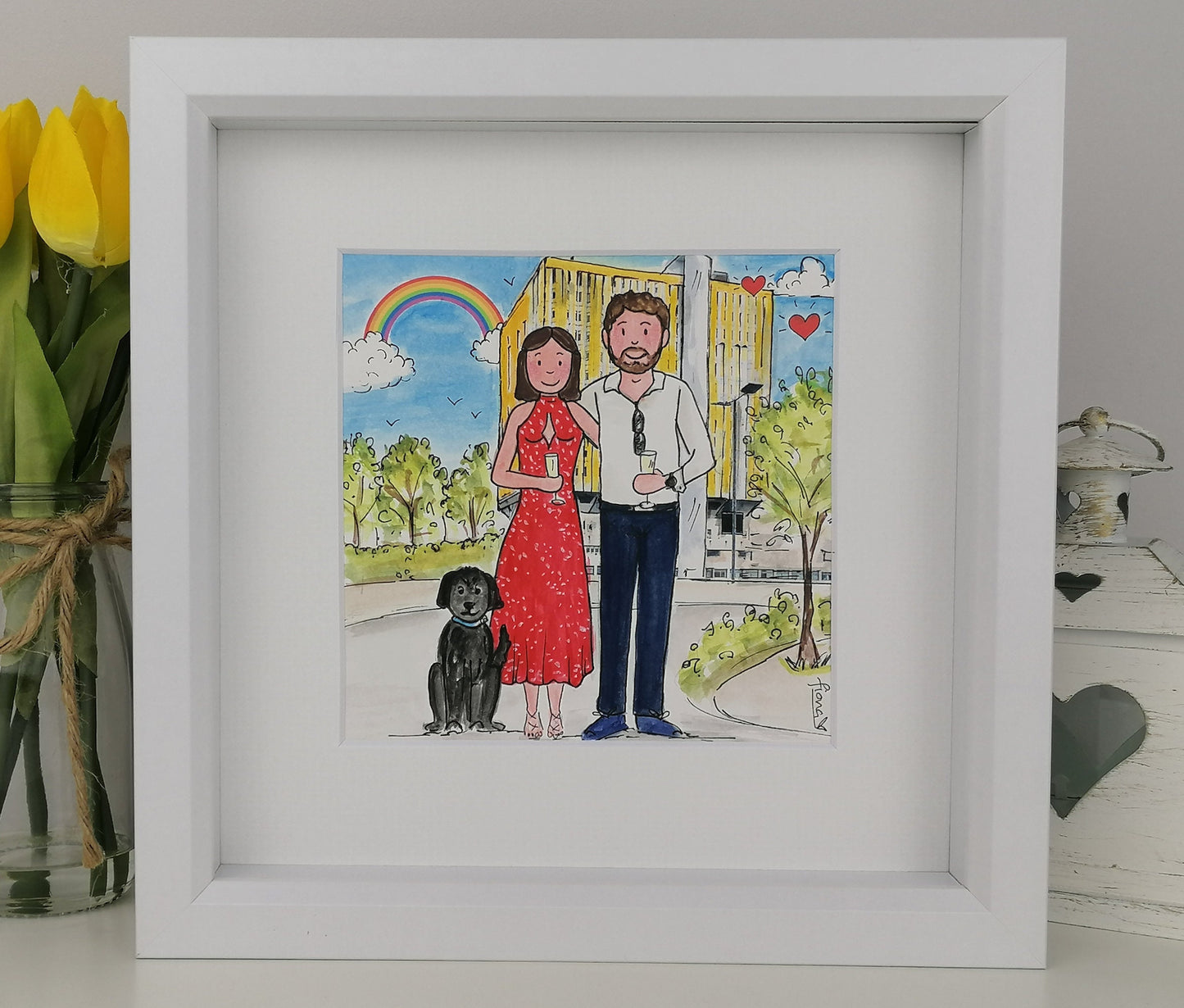 Friends Engagement Gift - Custom Illustration for a Couple - Personalised Cartoon with 3D features - Quirky Watercolour