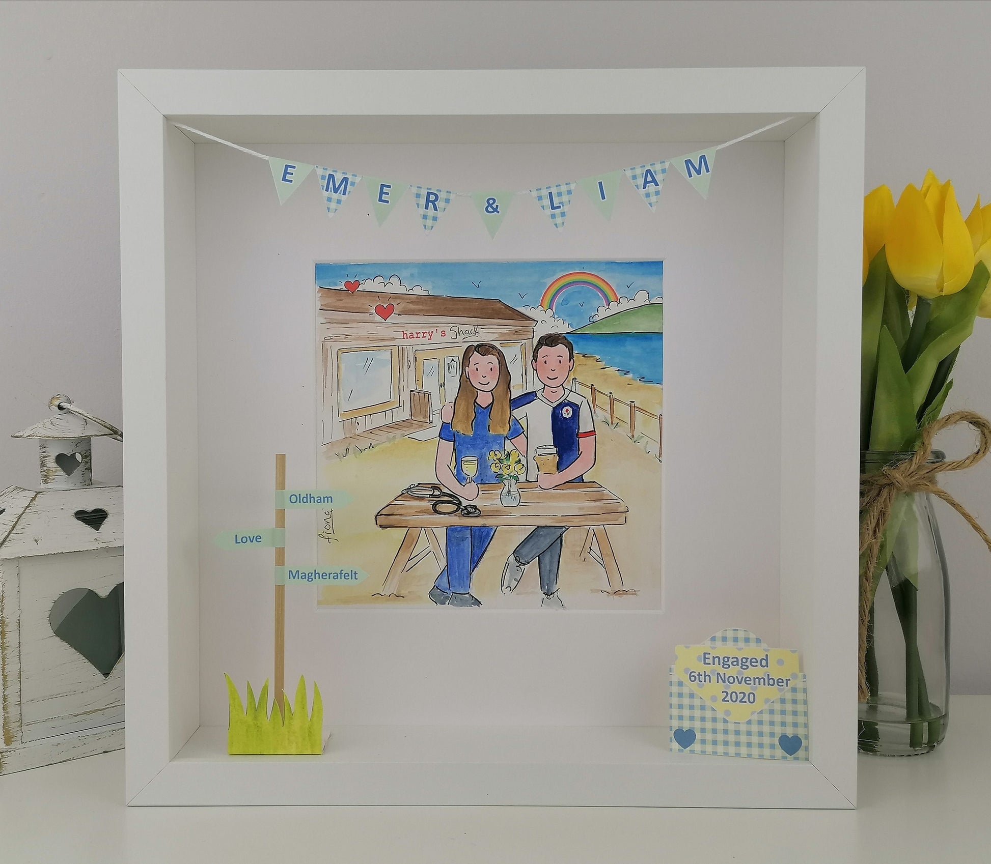 Friends Engagement Gift - Custom Illustration for a Couple - Personalised Cartoon with 3D features - Quirky Watercolour