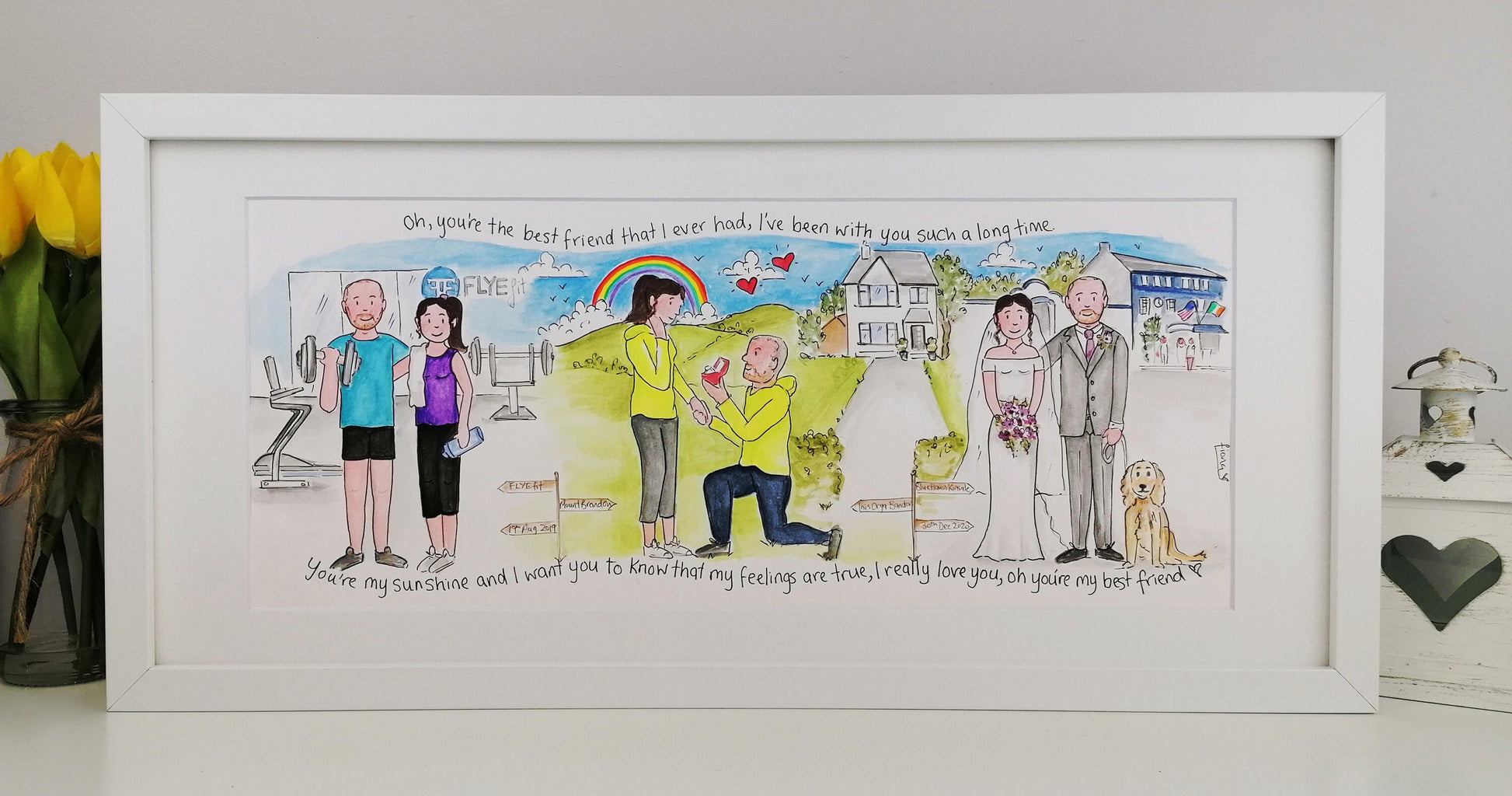 Personalised love story illustration for friends wedding or engagement, A custom designed watercolour timeline love story