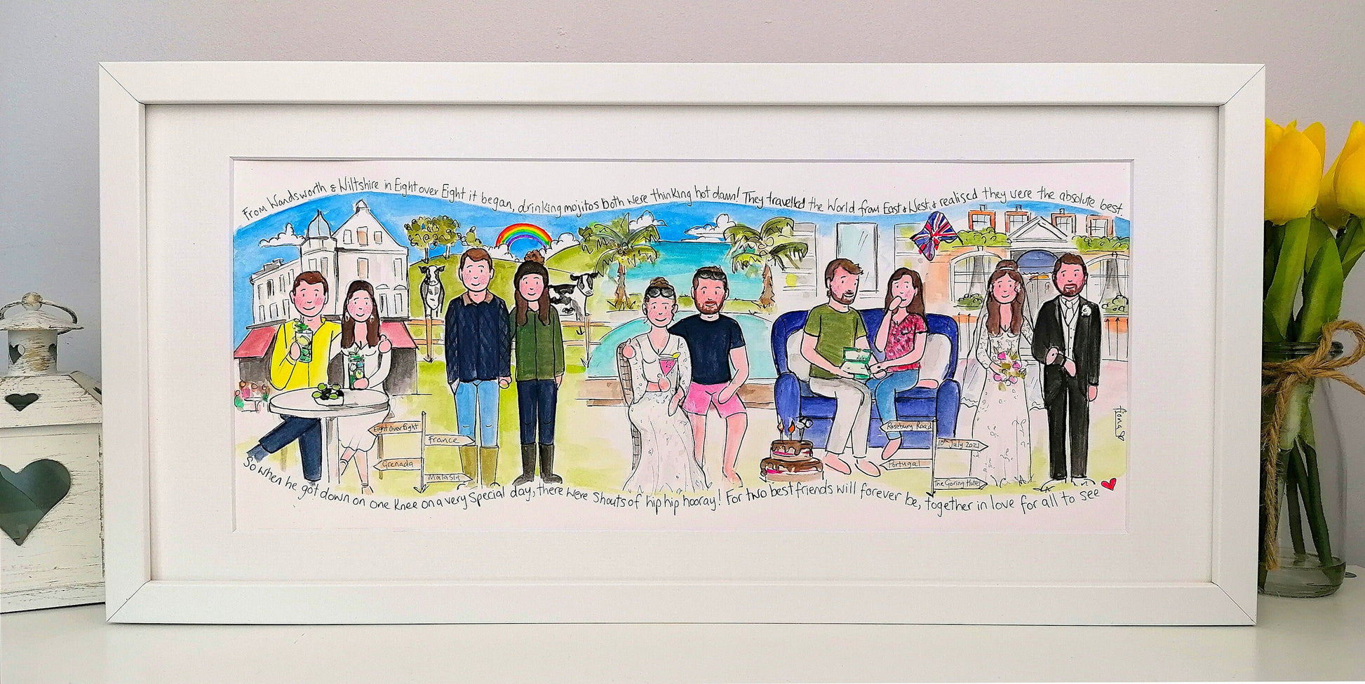 Personalised love story illustration for friends wedding or engagement, A custom designed watercolour timeline love story