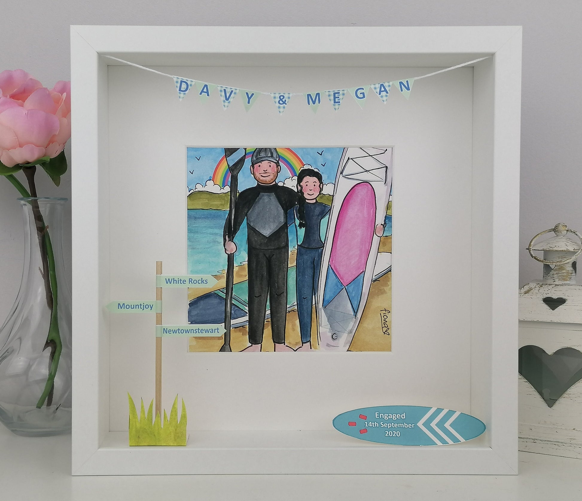 Friends Engagement Gift - Custom Illustration for a Couple - Personalised Cartoon with 3D features - Quirky Watercolour