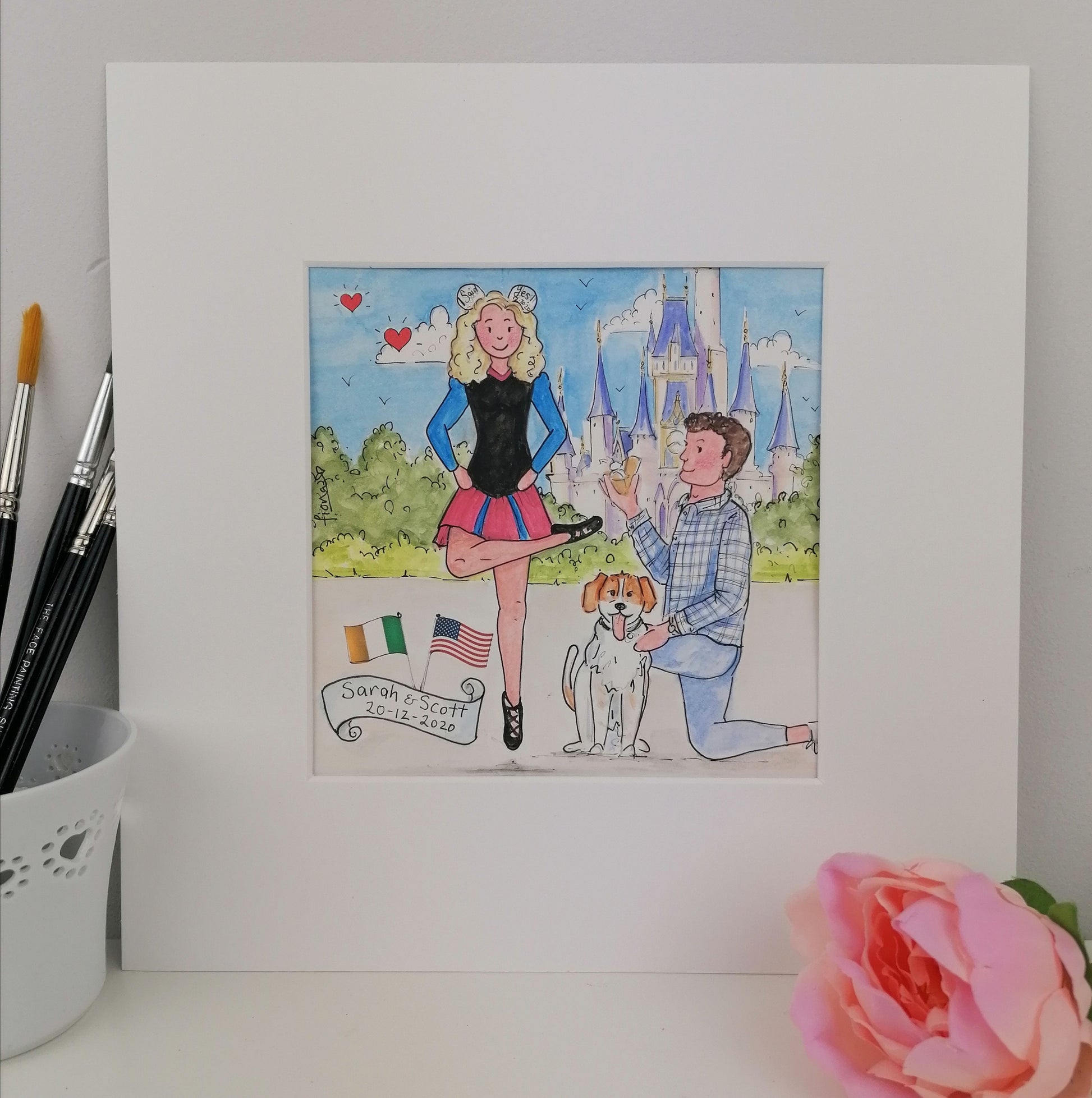 Friends Engagement Gift - Custom Illustration for a Couple - Personalised Cartoon with 3D features - Quirky Watercolour