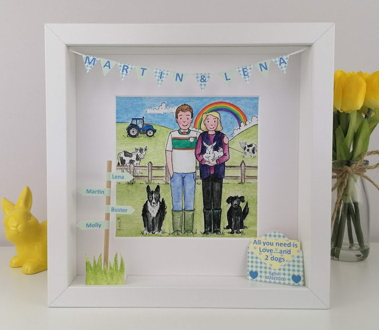 Friends Engagement Gift - Custom Illustration for a Couple - Personalised Cartoon with 3D features - Quirky Watercolour