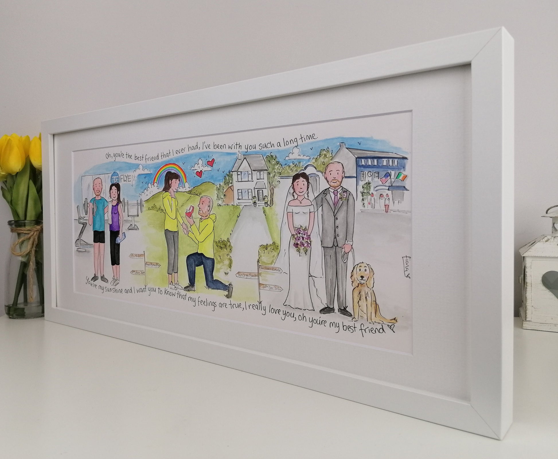 Personalised love story illustration for friends wedding or engagement, A custom designed watercolour timeline love story