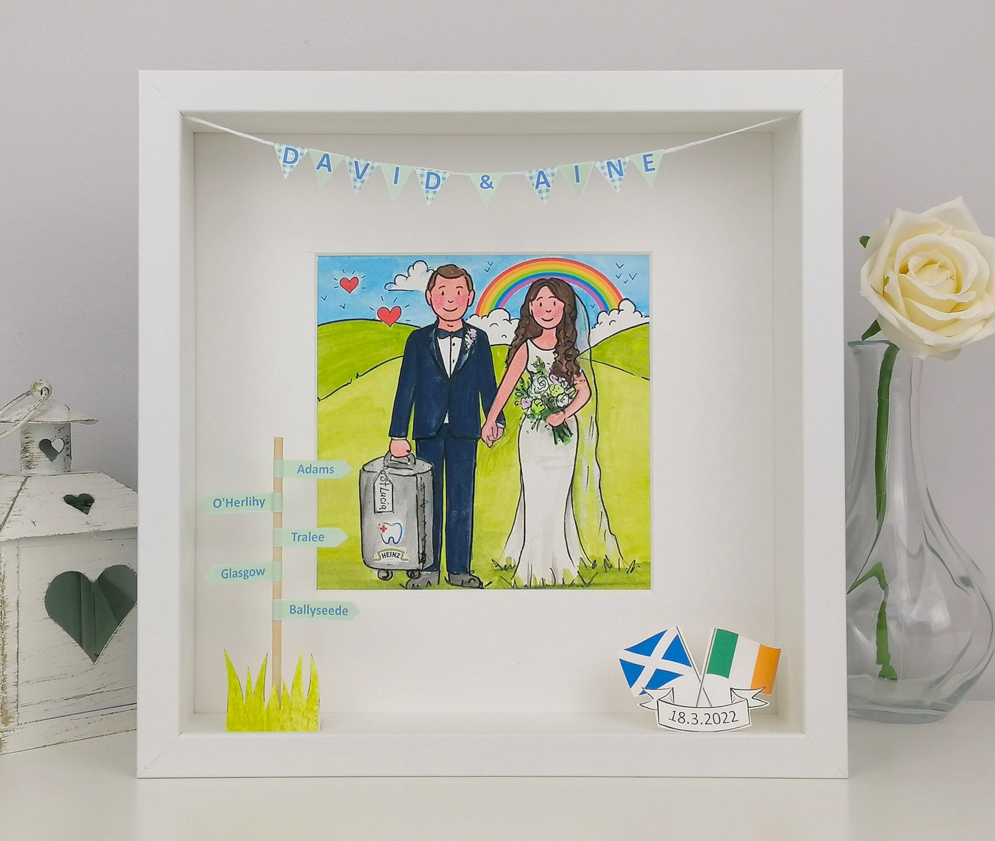 Wedding Day Illustration - Mr & Mrs Wedding Gift - Married Couple and Venue - Quirky Family Wedding Gift - Family Cartoon