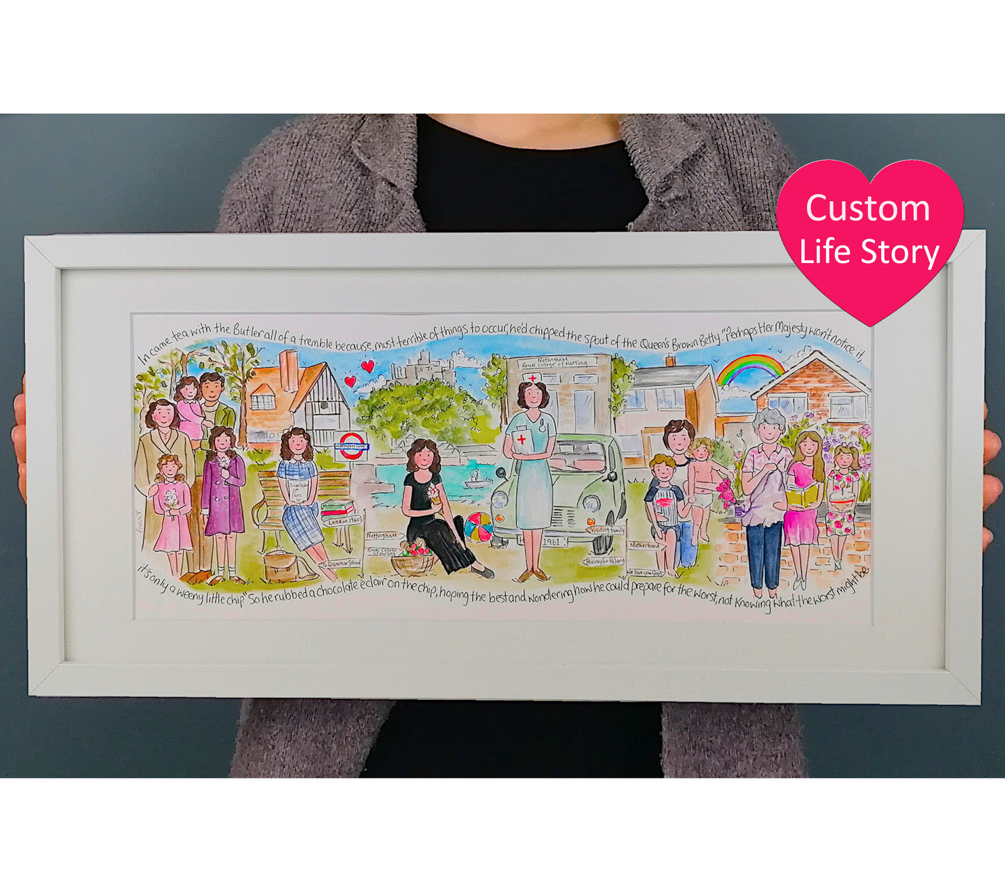 Timeline storyboard Illustration of Mum's Life Story, framed personalised watercolour painting, Sentimental Birthday Gift for Women