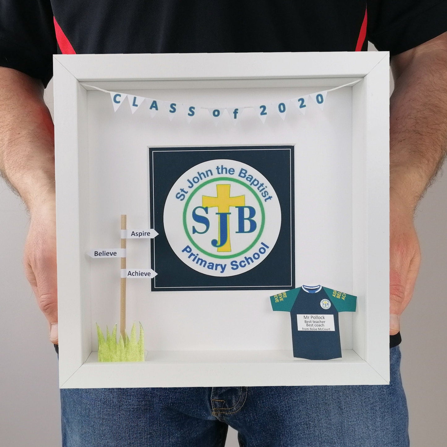 School thank you printed crest with 3d paper details and team jersey, framed in a box frame